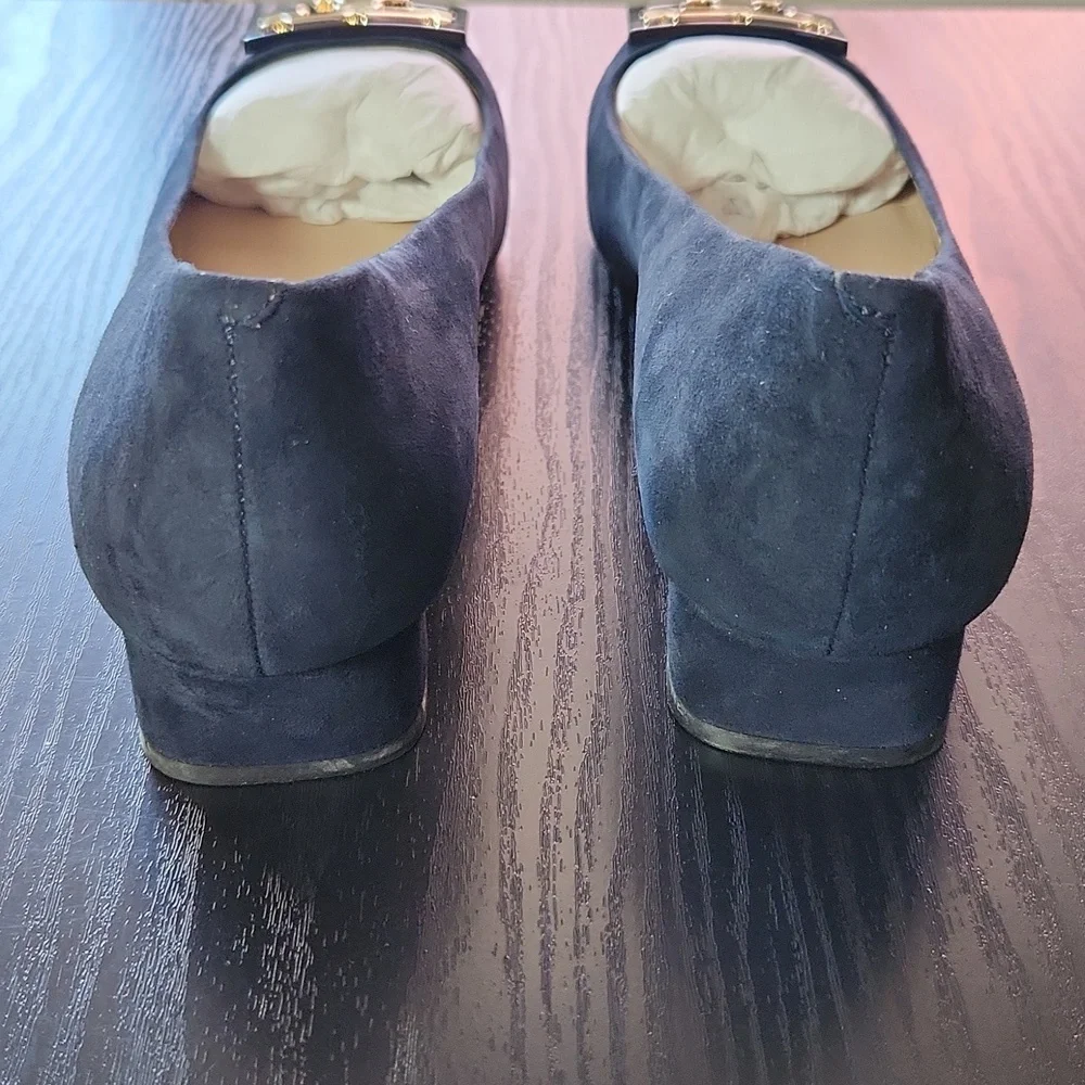 Tory Burch Navy Blue Suede Flats with Gold Logo - Picture 11 of 12